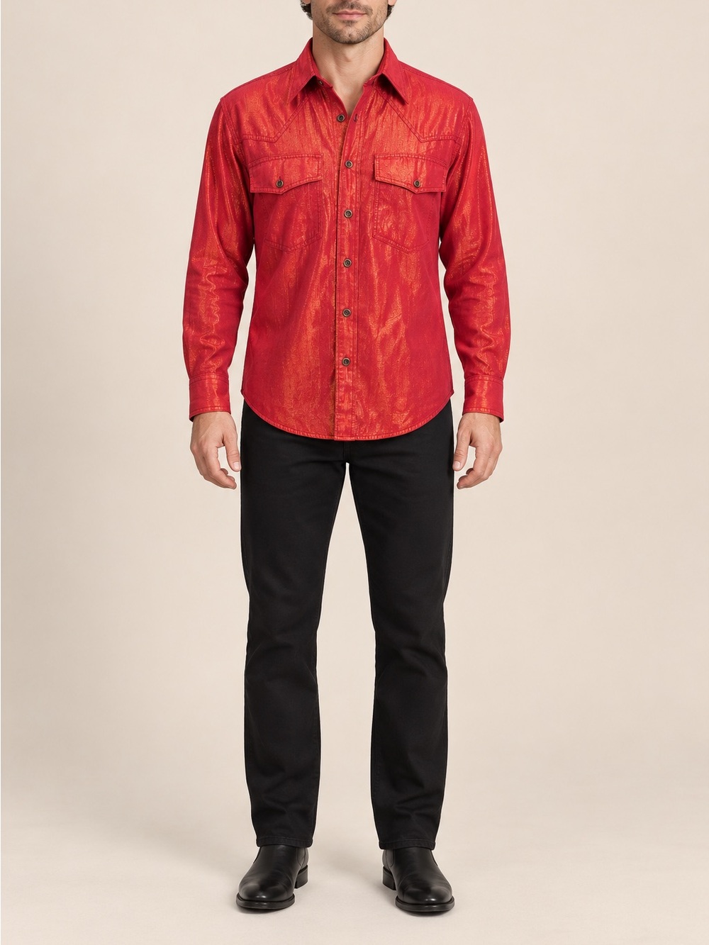 WRANGLER MEN RED METALLIC LUREX WESTERN BUTTON-DOWN SHIRT | SIZE S